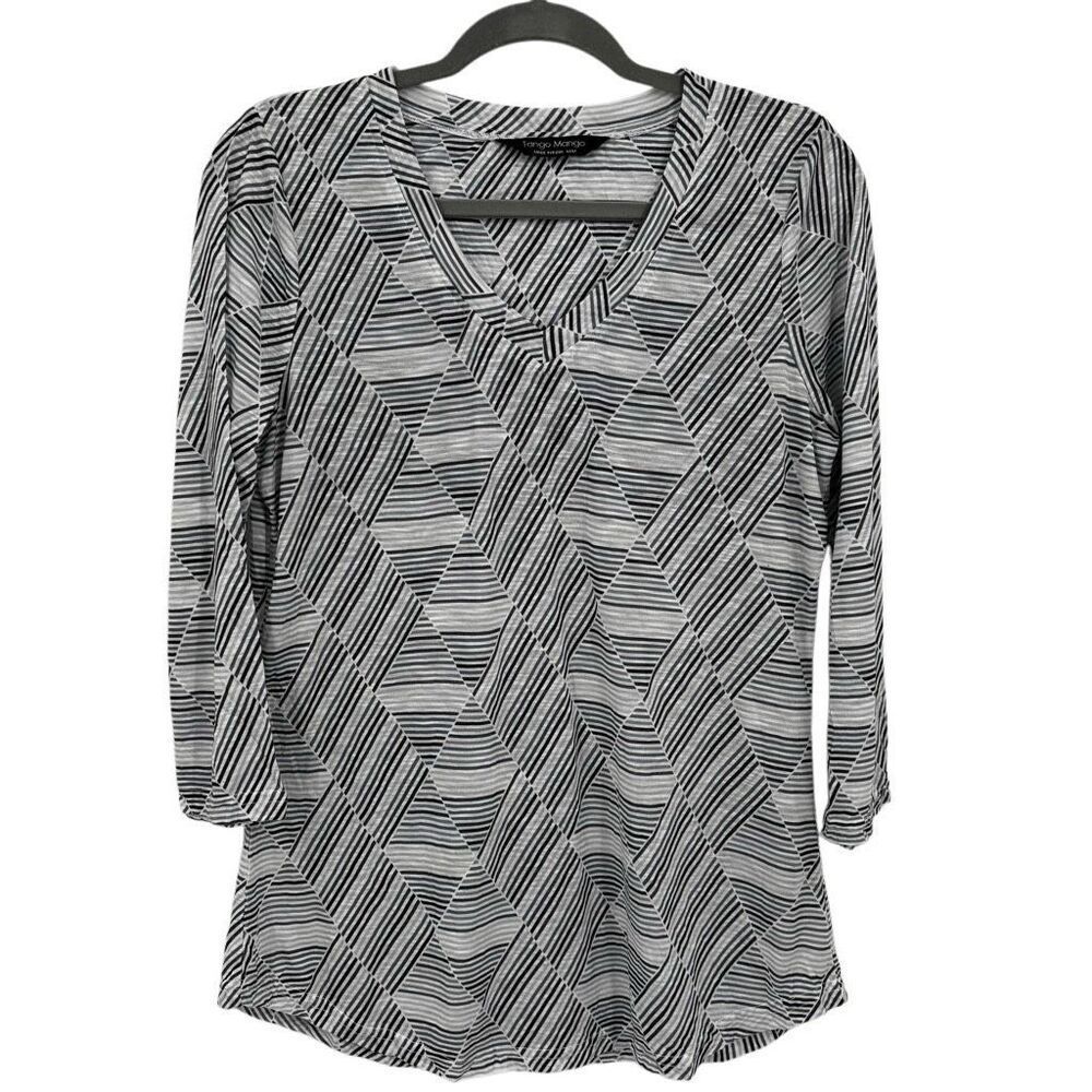 Tango Mango V-Neck 3/4 Sleeve‎ Tunic Top Black/Gray/White Stripes Size Medium